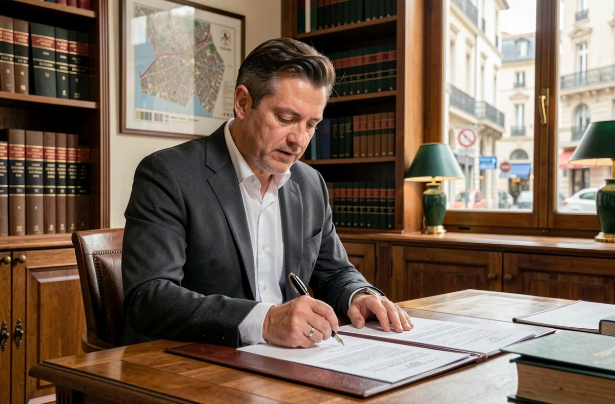 Homme signant un acte de vente immobilier chez un notaire à Lyon avec documents officiels