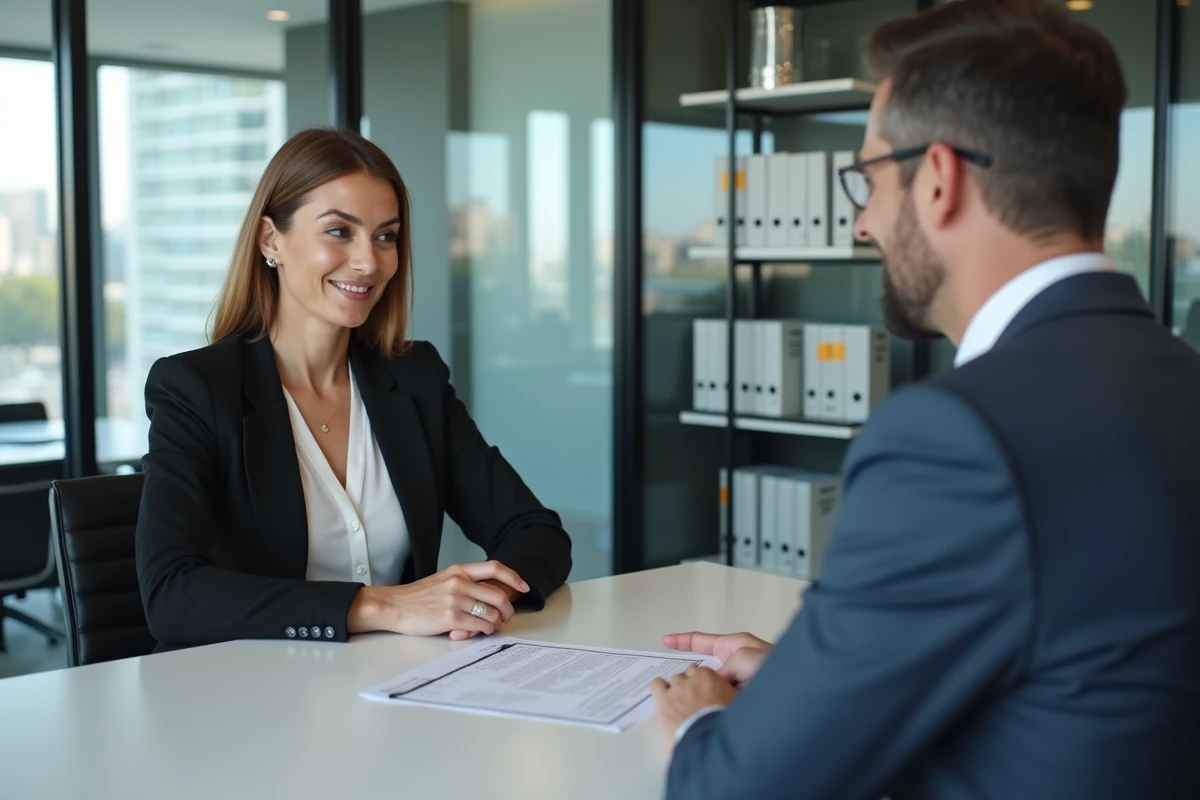 Une femme signe un bail de coliving avec un gestionnaire immobilier dans une agence moderne