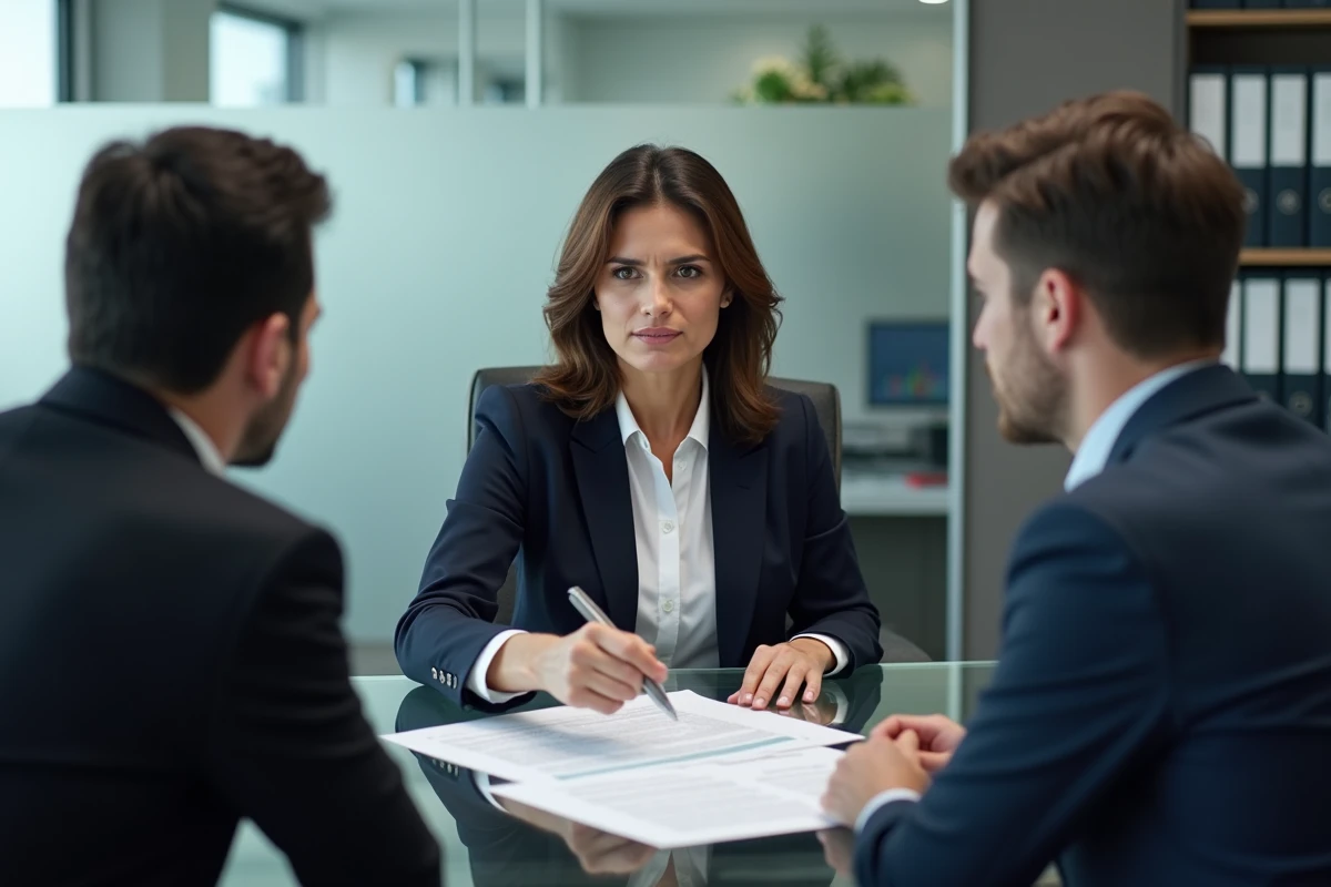 Couple en train de signer un contrat hypothécaire avec un conseiller bancaire dans une agence