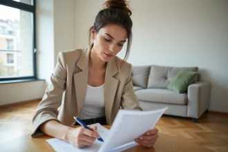 Femme signant un contrat de location dans un appartement vide et lumineux