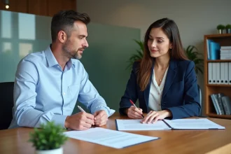 Un homme et une agente immobilière signent un contrat de location-vente dans un bureau moderne