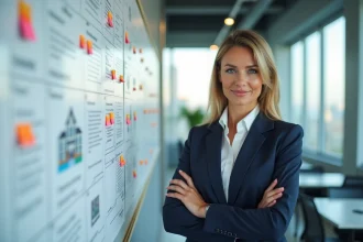Agente immobilière présentant la stratégie commerciale d'une agence devant un tableau de planification avec des données de marché