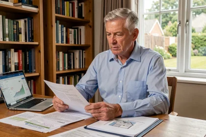 Un homme d'une cinquantaine d'années examine des documents immobiliers dans un bureau à domicile pour planifier sa retraite