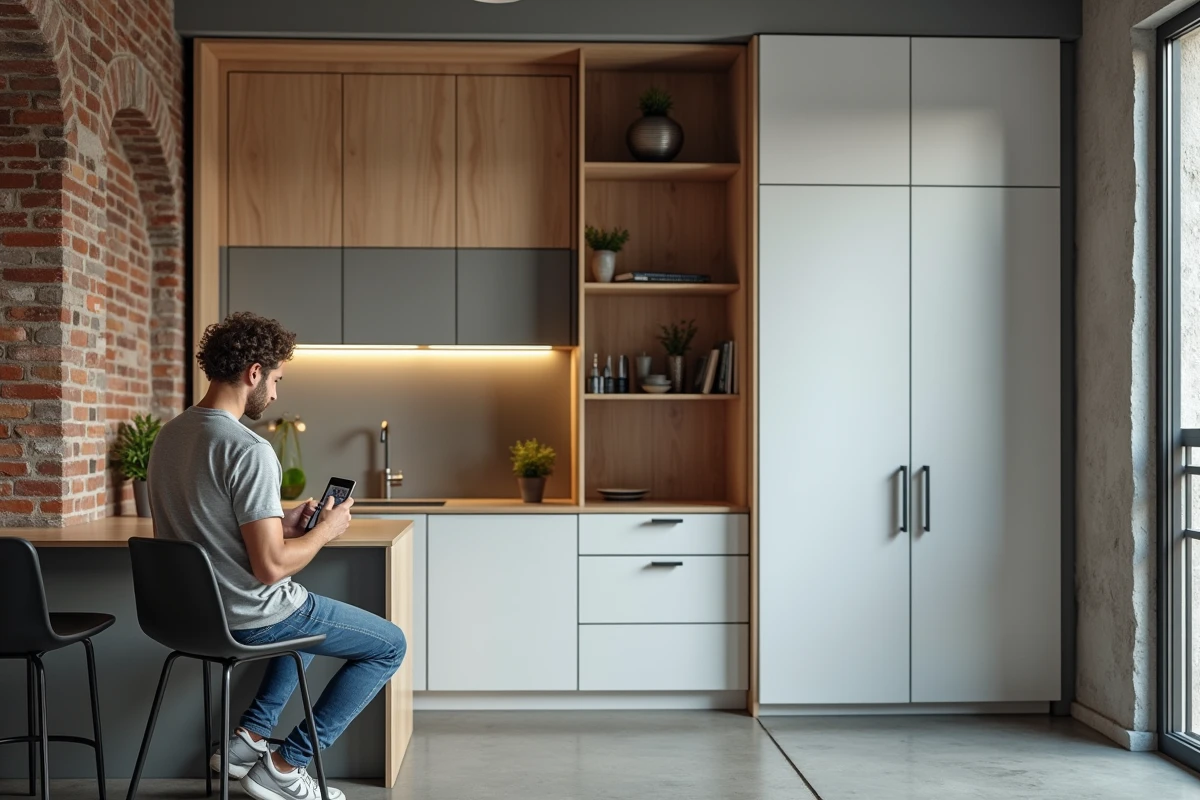 Homme consultant une application immobilière dans un studio moderne optimisé avec lit escamotable et cuisine ouverte