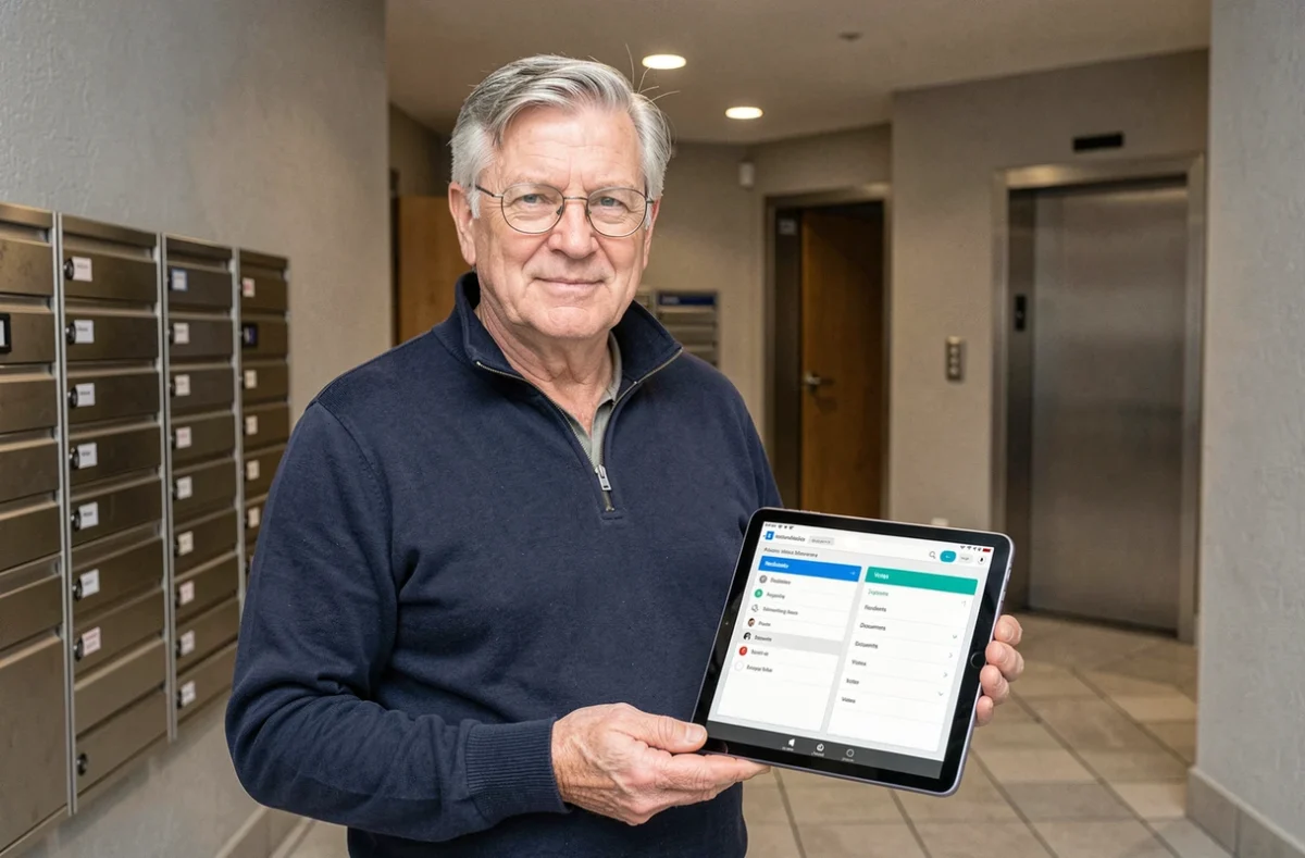 Syndic de copropriété consultant un portail Orchestrav2 sur tablette dans le hall d'un immeuble résidentiel