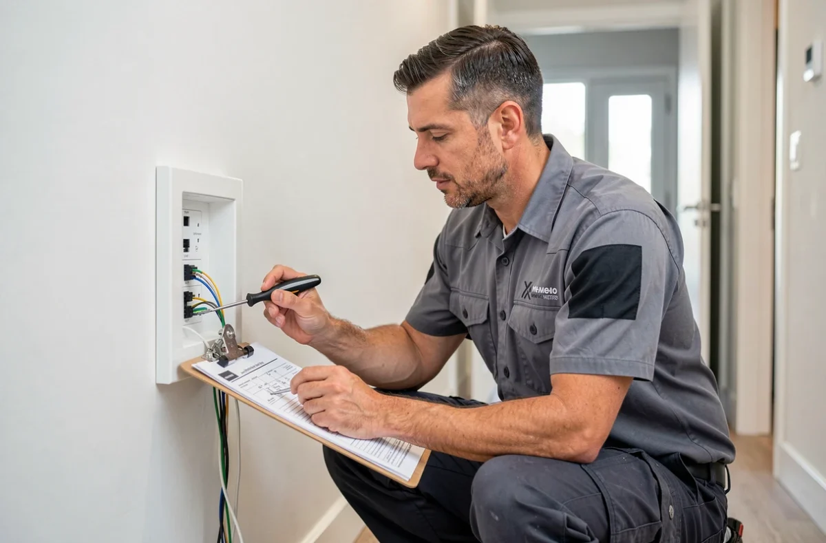 Technicien installant une connexion fibre optique dans un appartement lors du transfert de ligne internet après déménagement