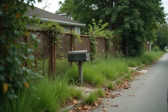 Terrain résidentiel négligé avec herbes hautes et végétation envahissante vu depuis la rue