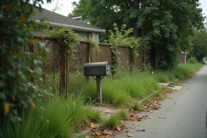 Terrain résidentiel négligé avec herbes hautes et végétation envahissante vu depuis la rue
