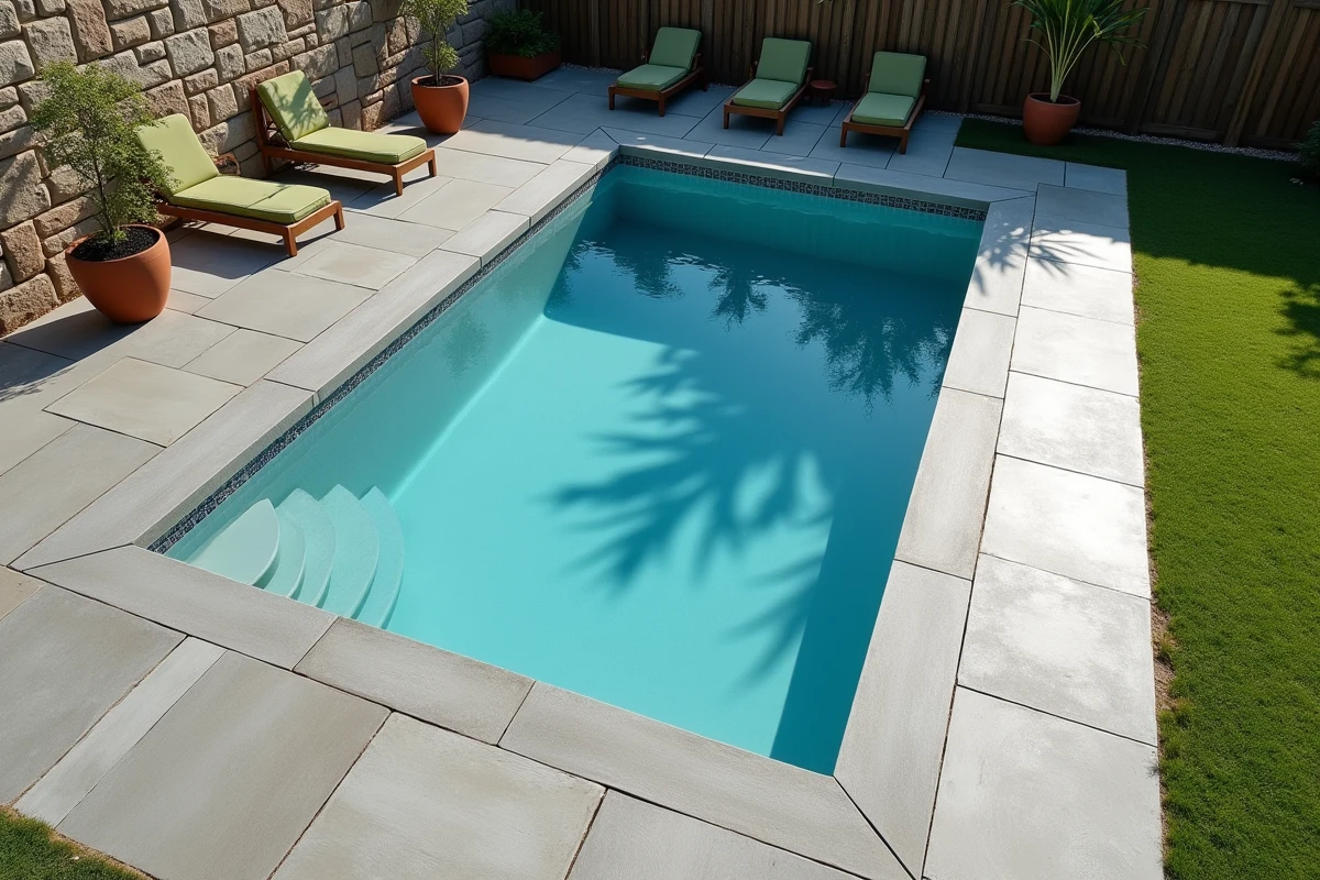 Vue aérienne d'une terrasse en béton anti-dérapant entourant une piscine rectangulaire dans un jardin privé