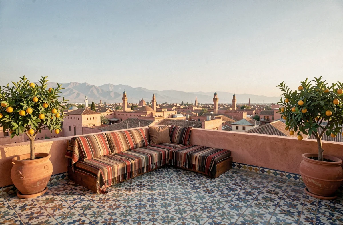 Terrasse panoramique d'une villa à vendre à Marrakech avec vue sur la médina et les montagnes de l'Atlas