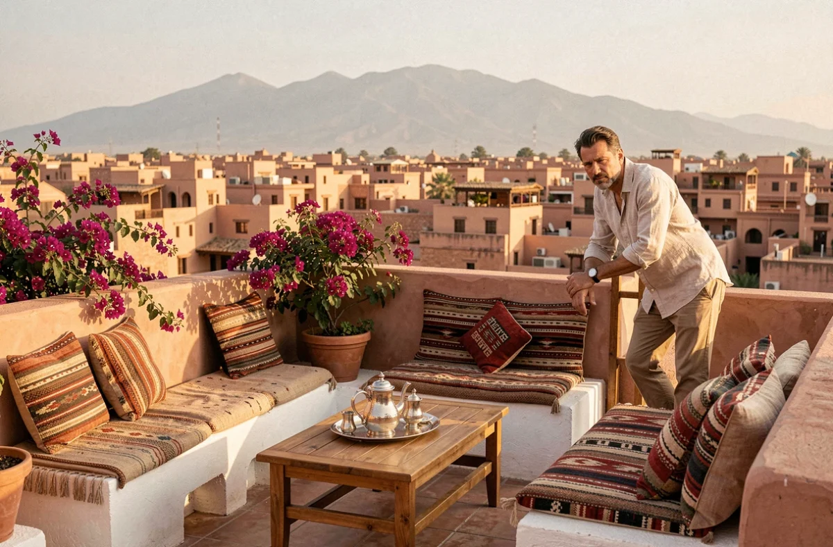 Homme évaluant une terrasse de riad à Marrakech avec vue panoramique sur les toits de la médina et les montagnes de l'Atlas au loin