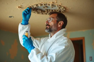 Inspecteur en combinaison de protection prélevant un échantillon de plafond amianté dans un appartement ancien pour un test amiante