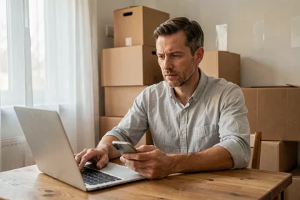 Homme effectuant les démarches de transfert de ligne internet sur ordinateur portable et smartphone lors d'un déménagement
