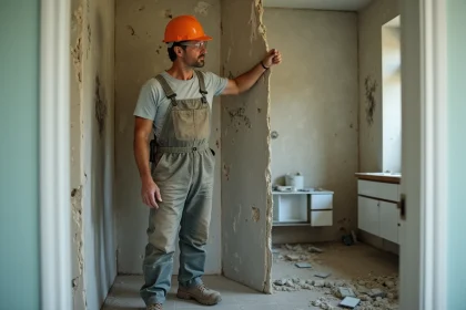 Artisan en train de retirer des plaques de plâtre endommagées par un dégât des eaux dans une salle de bain