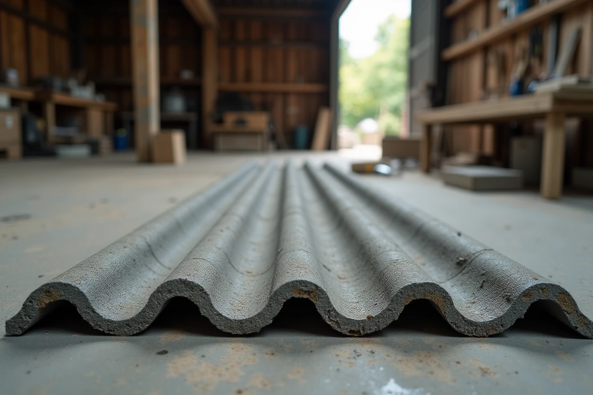 Gros plan sur des tuiles en béton solides avec texture granulaire et profil d'emboîtement, posées dans un atelier de couverture