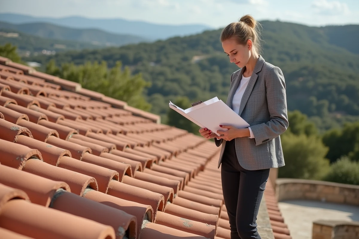 Architecte féminine inspectant des tuiles en terre cuite sur un toit de mas provençal restauré, évaluant leur solidité et leur durabilité