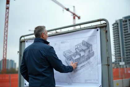 Urbaniste devant un plan d'aménagement sur un chantier de construction à Créteil, quartier en mutation