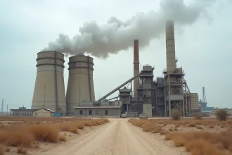 Usine de ciment industrielle avec silos en béton et cheminées fumantes dans un paysage aride, illustrant l'impact environnemental du ciment