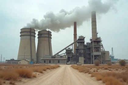 Usine de ciment industrielle avec silos en béton et cheminées fumantes dans un paysage aride, illustrant l'impact environnemental du ciment