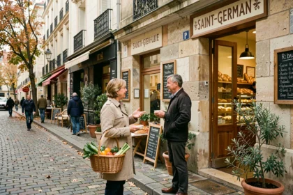 Femme faisant ses courses dans une rue commerçante animée de Saint-Germain-en-Laye en automne, devant une boulangerie en pierre