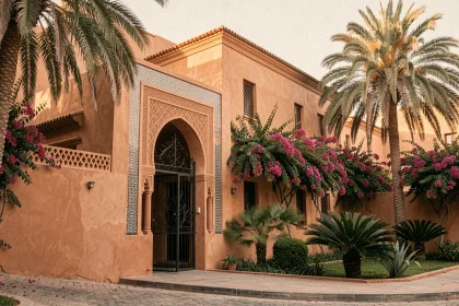 Villa à vendre à Marrakech avec architecture traditionnelle marocaine, cour intérieure et bougainvilliers en fleurs