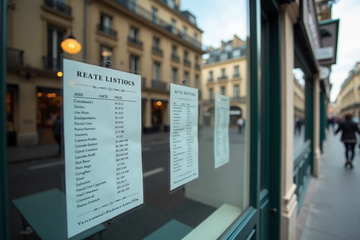 Vitrine d'agence immobilière affichant des loyers révisés et les taux d'augmentation pour 2026