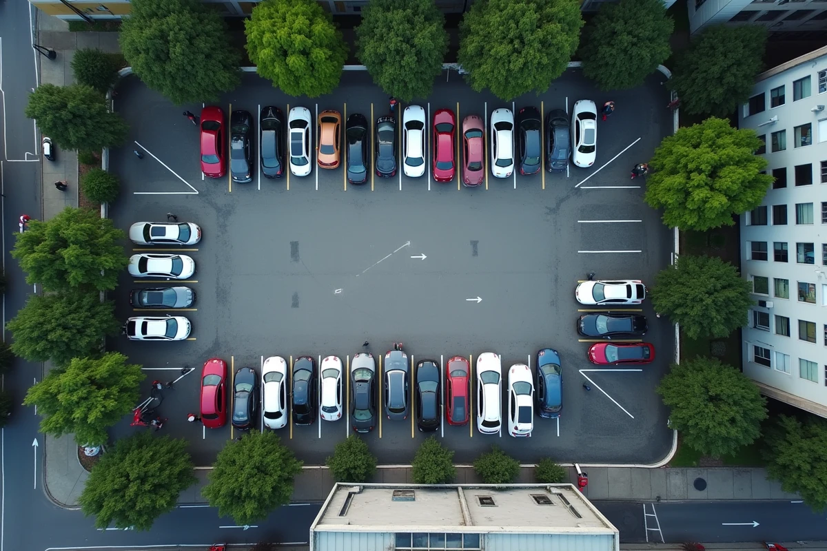 Vue aérienne d'un parking extérieur urbain représentant un investissement immobilier locatif