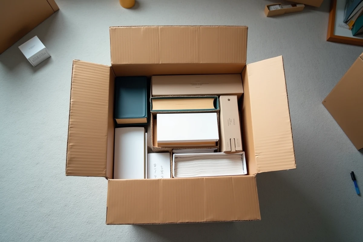 Vue du dessus d'un carton de déménagement correctement rempli avec livres et objets fragiles emballés