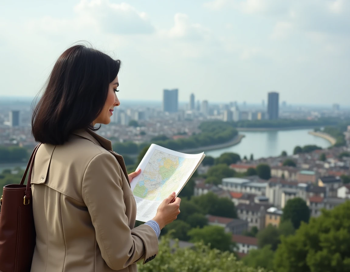 Femme consultant une carte urbaine avec vue panoramique sur le lac et les quartiers en développement de Créteil