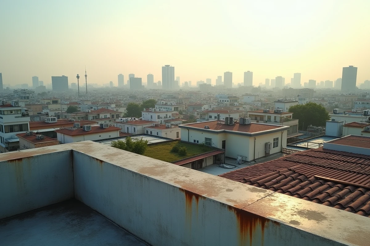 Vue panoramique d'un paysage urbain dense depuis un toit-terrasse montrant la densité bâtie d'une grande ville